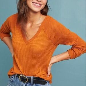 Maeve ‘Pearson Waffle‎ Knit’ V-neck Multi Texture Long Sleeve Burnt Orange XS